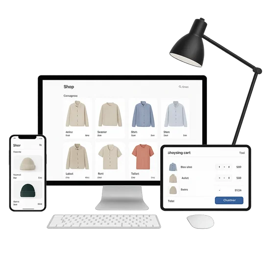 eCommerce Gateway - Online shopping experience across desktop, tablet, and mobile devices, showcasing product listings and a shopping cart for seamless online transactions