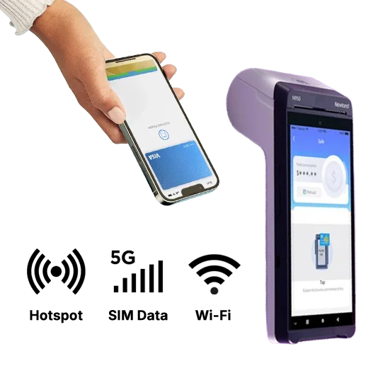 Mobile Retail POS - Handheld payment terminal accepting contactless payments via smartphone, supported by Hotspot, 5G SIM Data, and Wi-Fi connectivity for on-the-go transactions