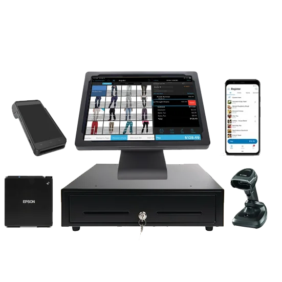 Omni-channel Commerce POS system - Integrated point-of-sale terminal with cash drawer, printer, barcode scanner, and mobile register app for seamless in-store and online sales